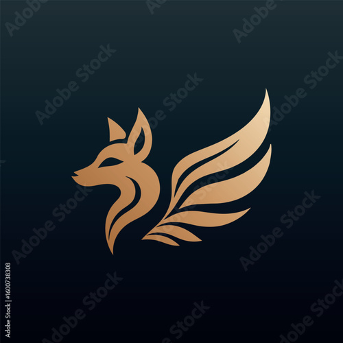 Elegant golden fox head with stylized winged tail on dark background abstract logo design