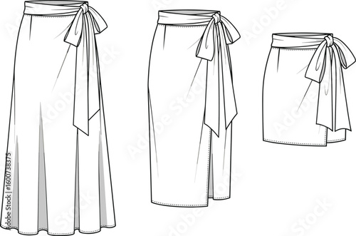 Wrap skirt technical flat sketch, long midi mini versions, tied waist detail, fashion vector illustration, apparel design cad drawing