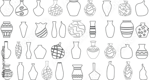 Collection of Ceramic Vases: A comprehensive array of elegant ceramic vases, meticulously outlined and showcasing a diverse range of shapes and artistic designs.