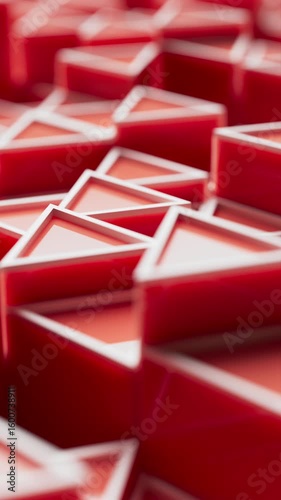 Looped animation of glossy red 3D triangles moving in a geometric pattern. Modern, abstract, and dynamic background. Perfect for tech, motion, or design themes.