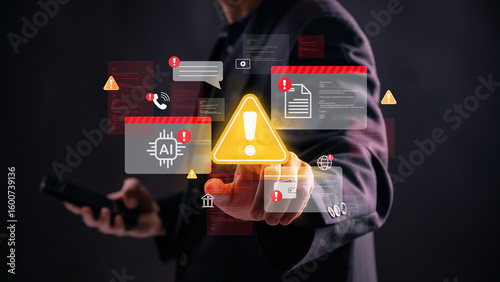 Fotografía Cybersecurity alert with virtual warning signs of AI threats, data breach, hacki