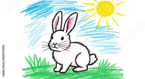 Naive children's drawing of a rabbit with crayon colors on white paper depicting a sunny day with blue sky and grass. This charming rabbit illustration captures innocence and joy