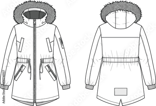 Winter parka jacket fashion flat sketch, front and back view with hood, drawstring waist, zipper pockets, fur trim design