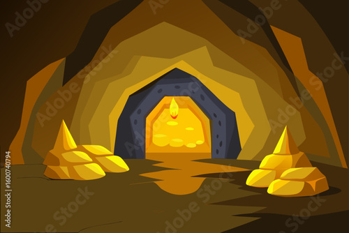 cartoon cavern room with glowing gold