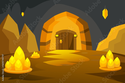 cartoon cavern room with glowing gold