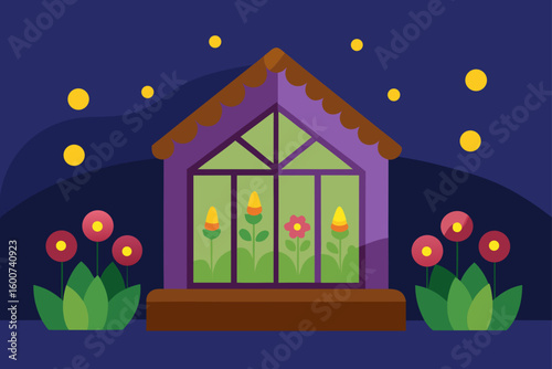 Cartoon garden room with glowing flowers inside