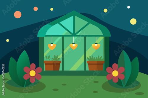 Cartoon garden room with glowing flowers inside