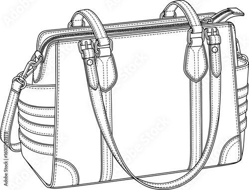 Perspective view cad drawing flat vector illustration of structured leather handbag with top handles, shoulder strap, zip closure and panel details