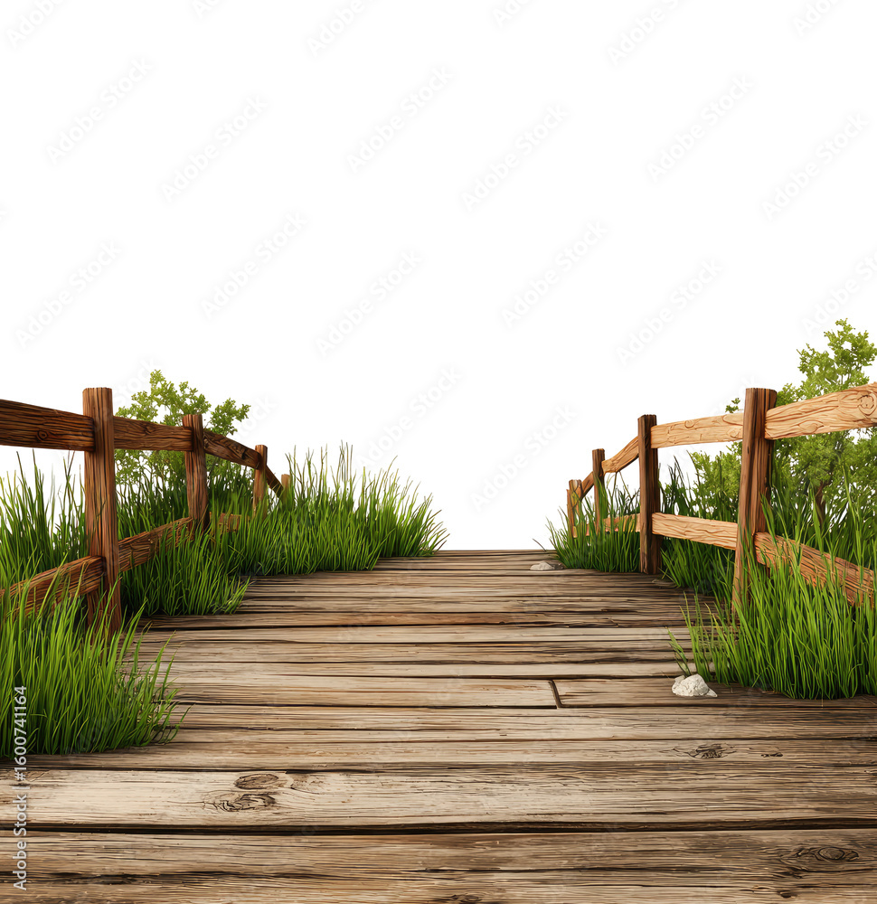Obraz premium Wooden boardwalk path between rustic fences, leading into distance. Lush green grass borders the path