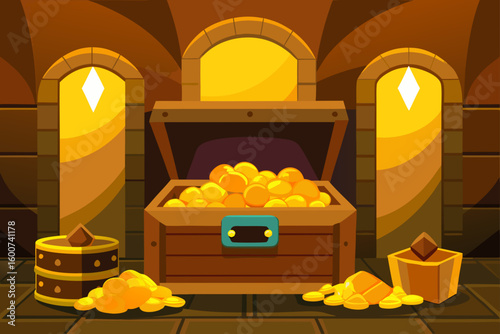 Cartoon Treasure Room with Gold Coins and Gems