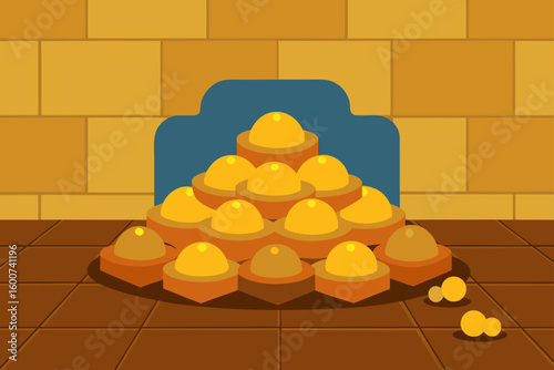 Cartoon Treasure Piles on Tile Floor