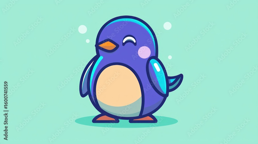 Fototapeta premium Cute cartoon penguin, happy expression, simple background, digital art, possible use for kids' product