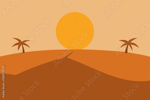 cracked desert ground with distant palm trees