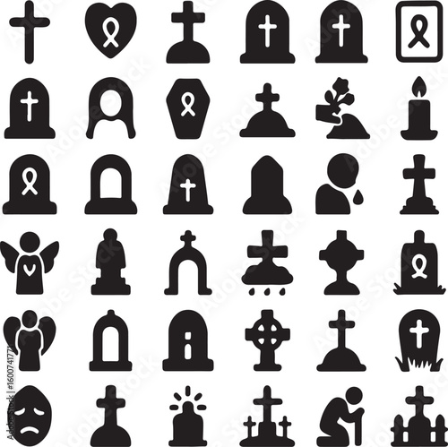 mournful monogram or icon, grave yard sign which are using worldwide for sad silhouette with white background vector pictograms,