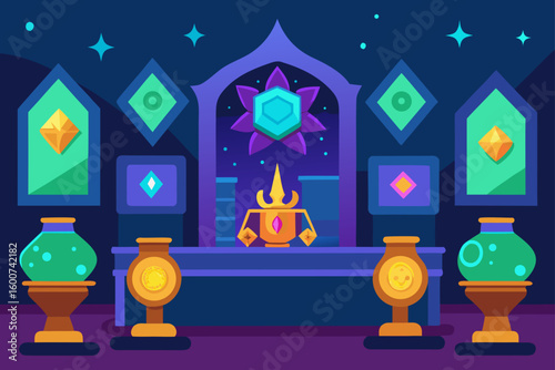 enchanted cartoon gallery with glowing artifacts