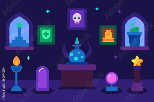 enchanted cartoon gallery with glowing artifacts