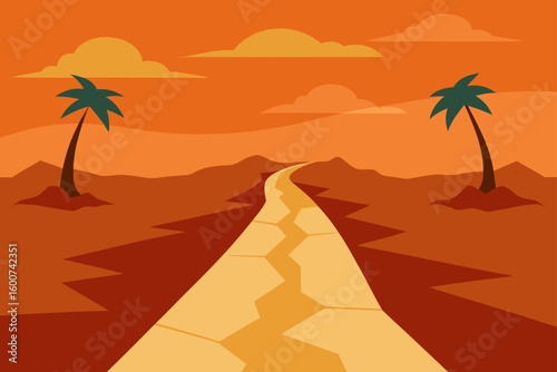 faded path across cracked land toward distant palace