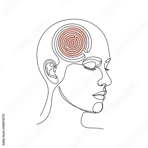 Abstract spiral maze inside stylized human head outline artwork