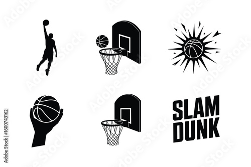 Basketball player dunking ball near hoop and text vector