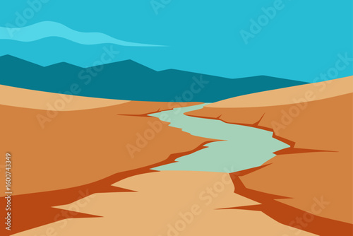 Landscape with cracked riverbed and distant dune