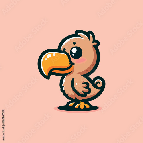 Adorable cartoon baby condor with large beak and fluffy feathers standing against a soft peach background
