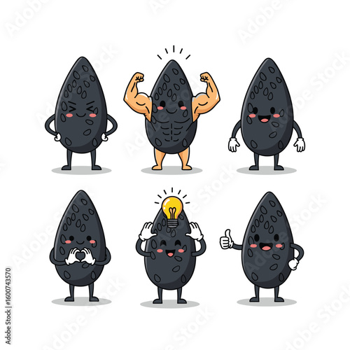 Six cute black seeds characters posing and showing different emotions and actions
