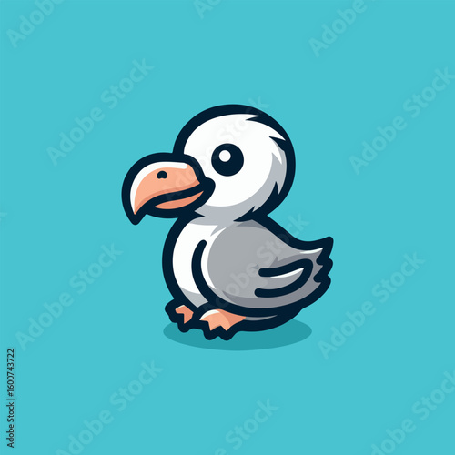 Adorable cartoon dodo bird character sitting and looking curious with a friendly expression on a blue background