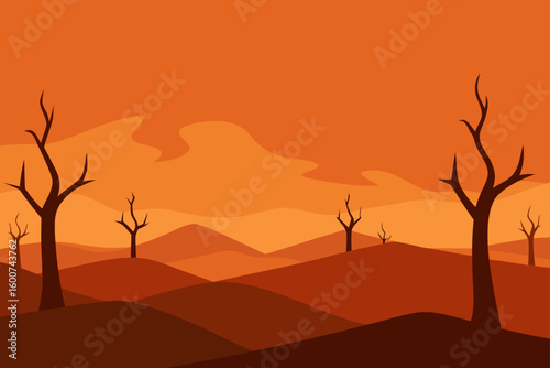 minimal desert skyline with burnt trees and crack