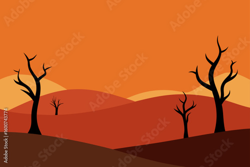 minimal desert skyline with burnt trees and crack