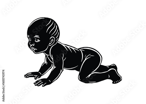 Silhouette of baby crawling curiously isolated on a white background