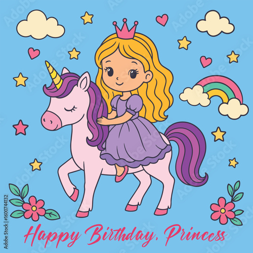 Princess Riding a Unicorn  Birthday Card perfect for a girl's birthday greeting card, poster, or party decor.