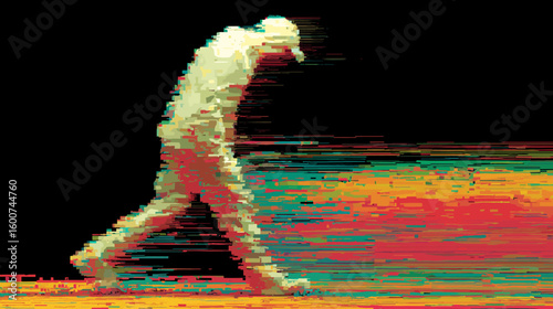 Digital illustration of a person walking in a blurred, colorful style - Concept of glitch vector background  