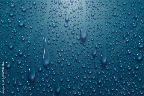 Realistic water drops background on blue glass surface.