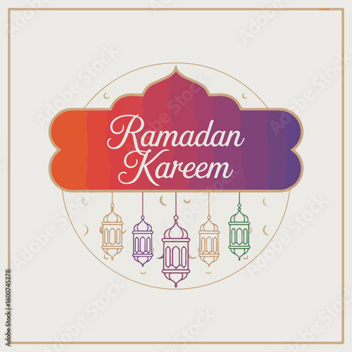 Elegant ramadan kareem greeting with hanging lanterns and crescent moons islamic holiday