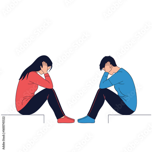 Couple sitting apart depressed feeling lonely relationship problems unhappy mood sadness conflict