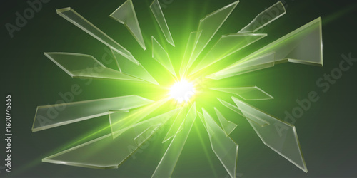 Explosion of green glass with a bright flash of light and fragments.