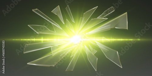 Explosion of green glass with a bright flash of light and fragments.