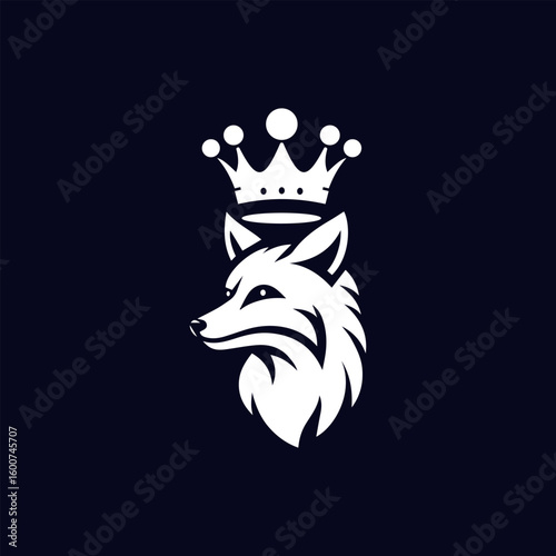 Majestic white fox head wearing a royal crown symbolizing leadership and nobility against a dark background