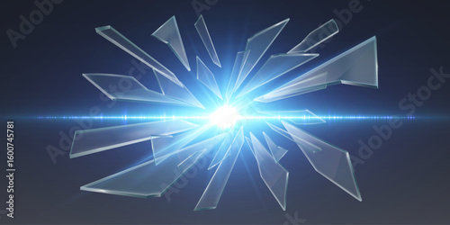 Explosion of blue glass with a bright flash of light and fragments.