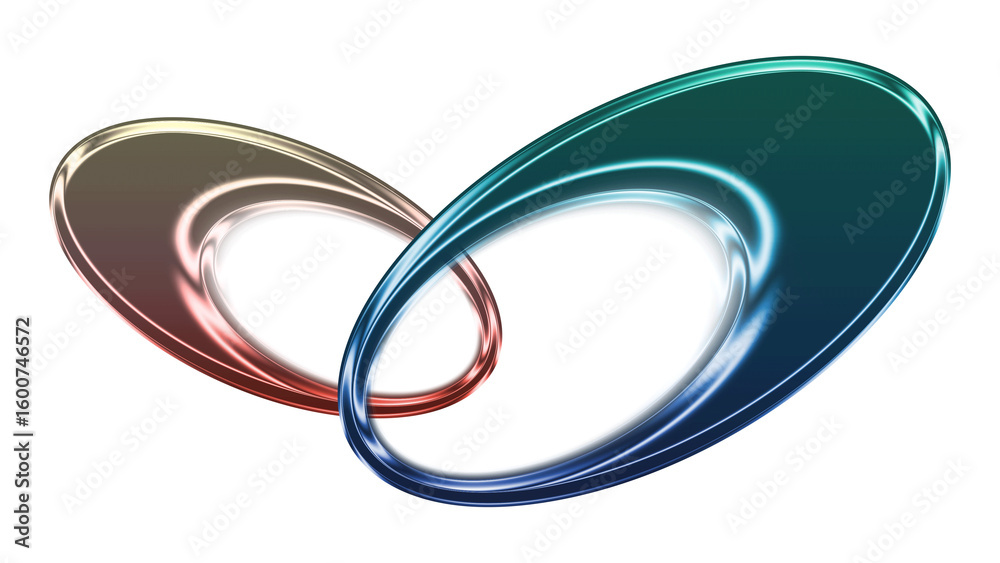 Fototapeta premium Two interlocking rings show a smooth, shiny liquid chrome effect with transparent background.