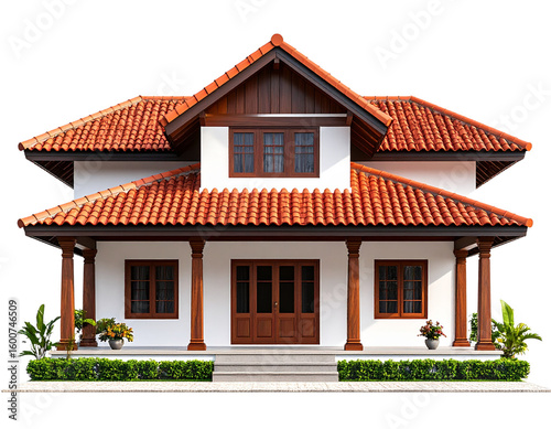 Traditional South Indian House with Tiled Roof and Courtyard, Frontal View, Transparent Background PNG