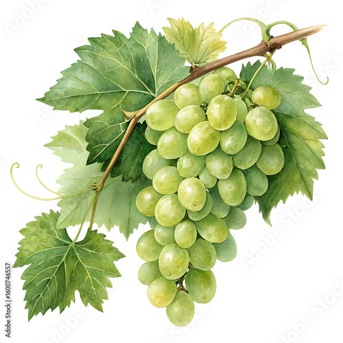 Watercolor Green Grapes with Leaves and Branch on transparent background