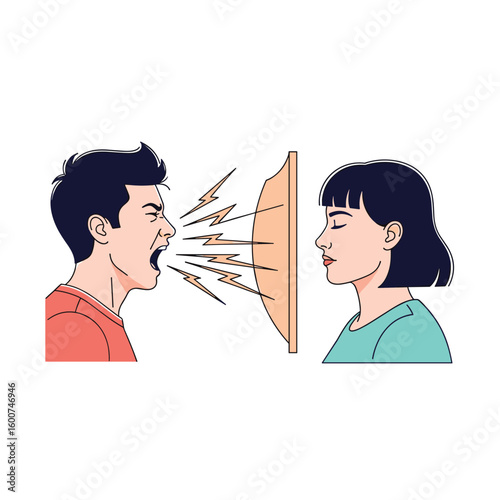 Man shouts aggressively at woman through a computer screen during online communication conflict