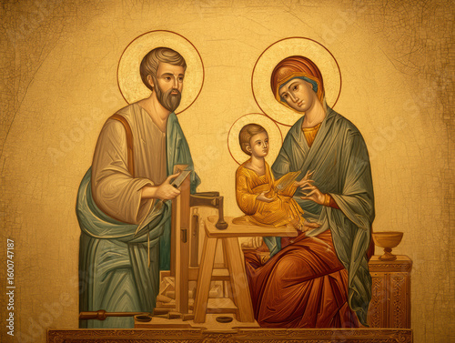 Saint Joseph the Carpenter with the Holy Family. AI generative.