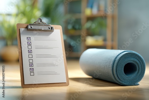 Knee pain surgery follow up concept. Clipboard with checklist beside a rolled mat on a wooden surface in a bright environment.