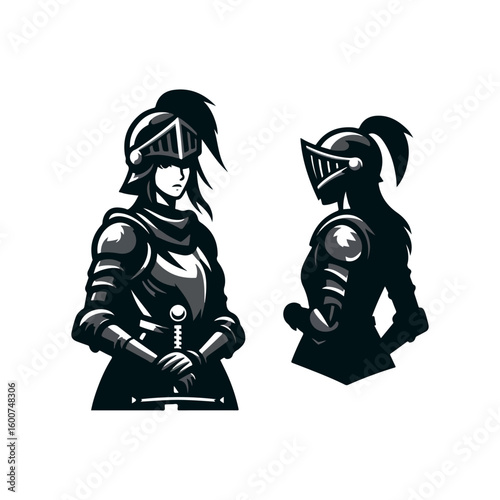 Two anime style female knights in full armor holding swords ready for battle against an enemy
