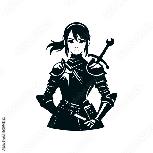 Anime style female knight in full plate armor holding a sword with a confident expression