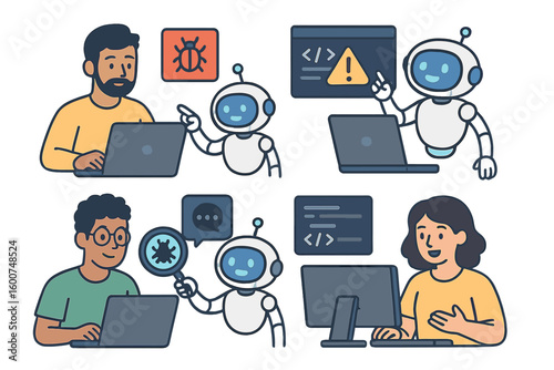 Collaborative coding session with a robot assistant addressing programming challenges and debugging issues at a workspace