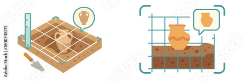 Excavation process highlighting pottery discovery in an archaeological site using grid methodology