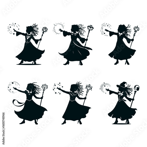 Silhouette of a witch casting a spell with a magical staff in various dynamic poses and movements